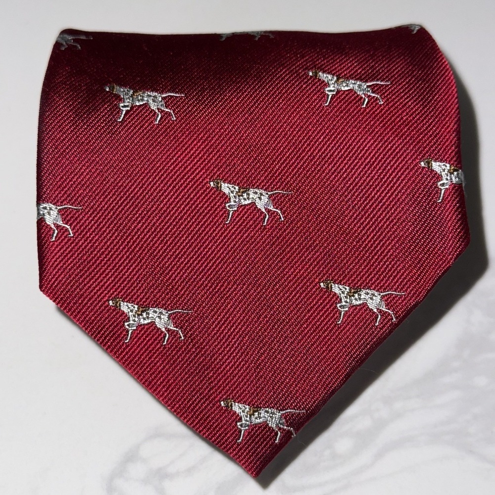 J‎ Crew Pointing Dogs Hunting Silk Men's Neck Tie Length 57" Width 3.5" Red